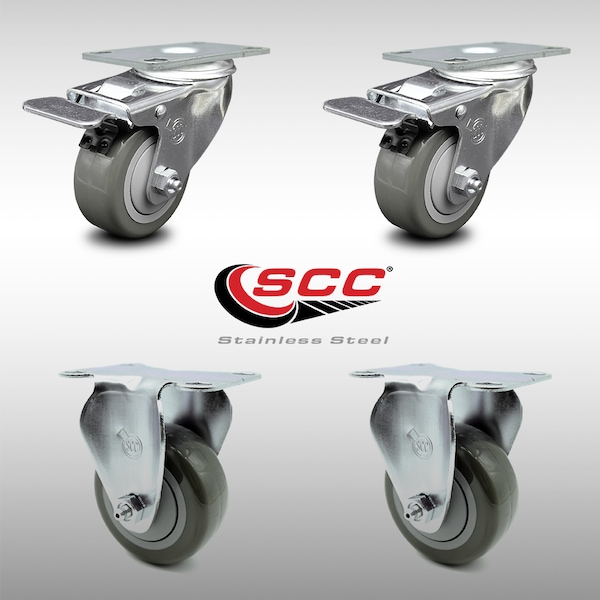 3.5 Inch SS Gray Polyurethane Top Plate Caster Lock Brake 2 Rigid SCC, 2PK